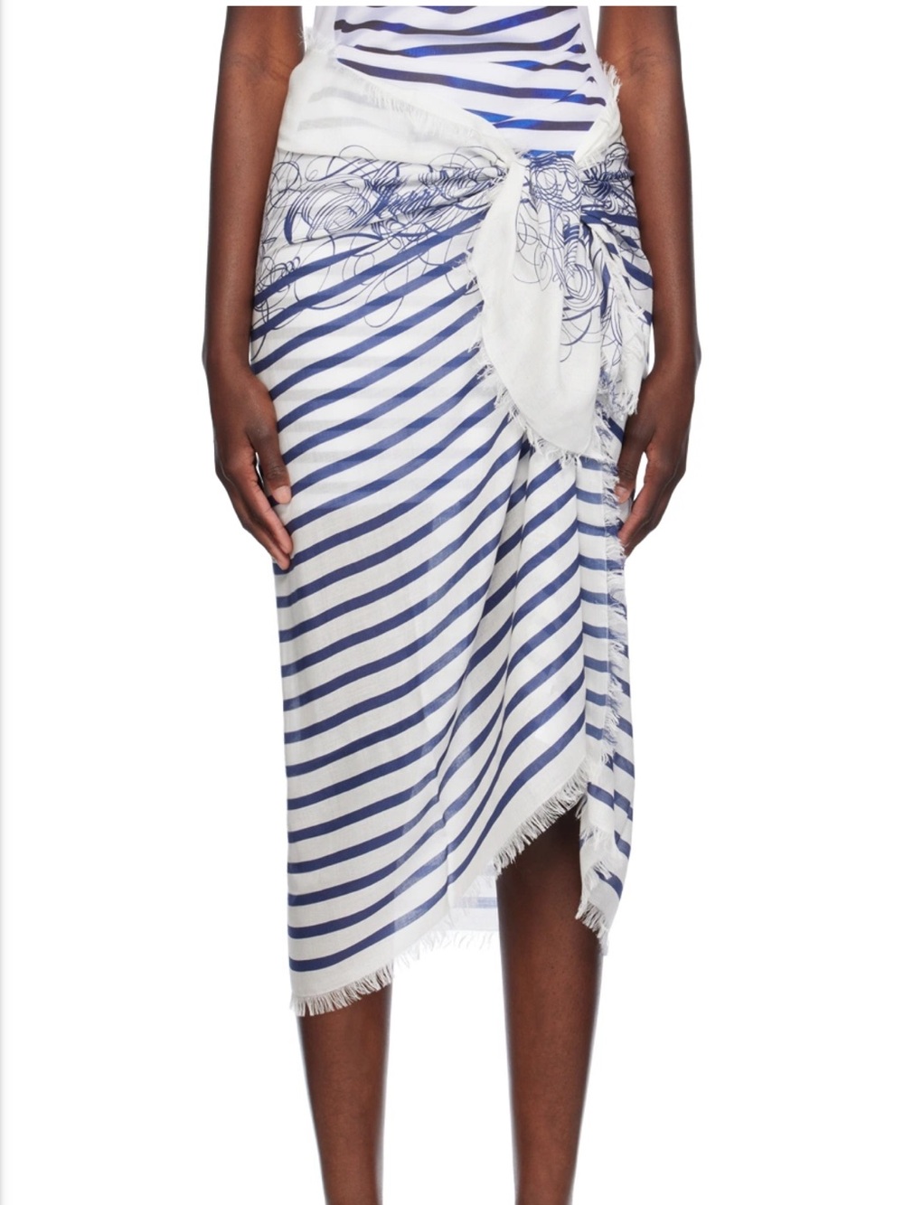 Jean Paul Gaultier Blue and White Striped Calligraphy Swim Sarong and Scarf